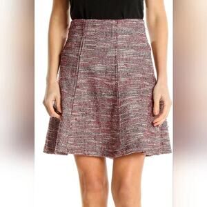 LOFT NWT Red Black White Tweed Textured Pleated Pull On Flare Skater Skirt